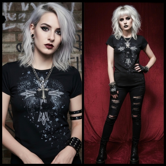 Vtg Y2K abbey dawn blk gothic cross metal red blood spatter mallgoth shirt L - Picture 11 of 17